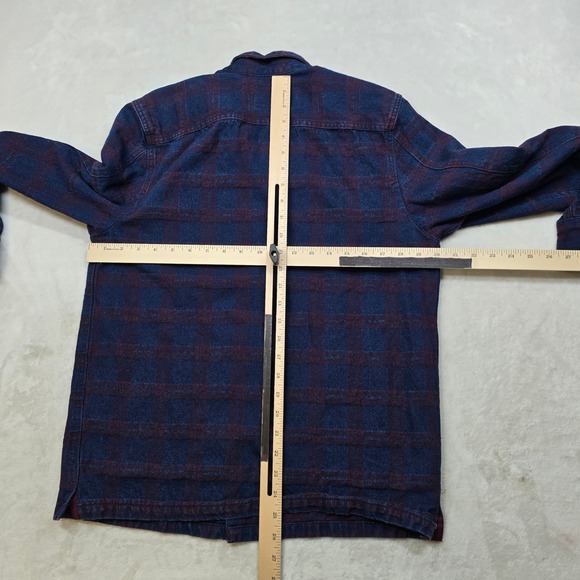 Goodfellow Plaid Denim‎ Chore Jacket Mens Small Blue Burgundy Trucker Style - Picture 9 of 12